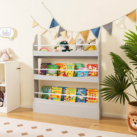 Estantería de 3 niveles con 2 kits antivuelco para libros y revistas