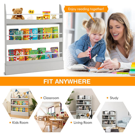 Estantería de 3 niveles con 2 kits antivuelco para libros y revistas