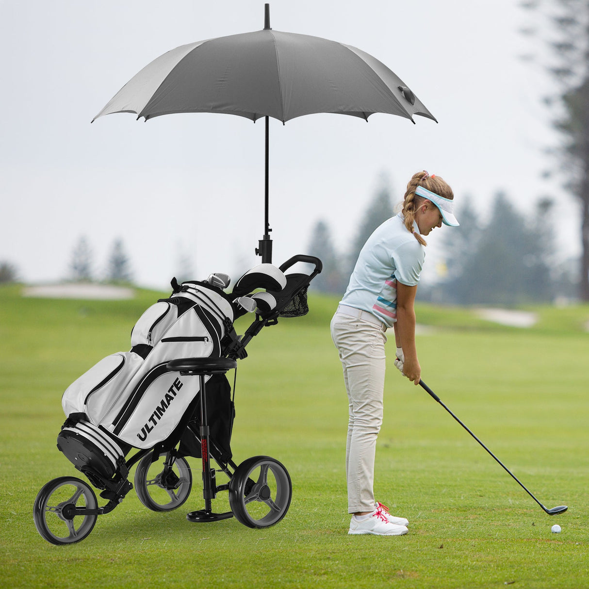 Carro de golf plegable de 3 ruedas con asiento, marcador y manija ajustable