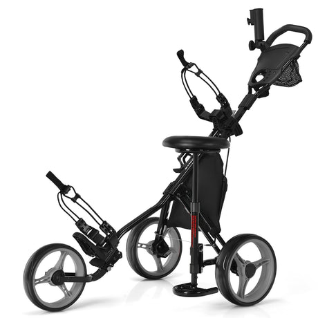 Carro de golf plegable de 3 ruedas con asiento, marcador y manija ajustable