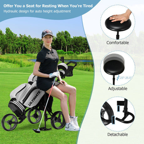 Carro de golf plegable de 3 ruedas con asiento, marcador y manija ajustable