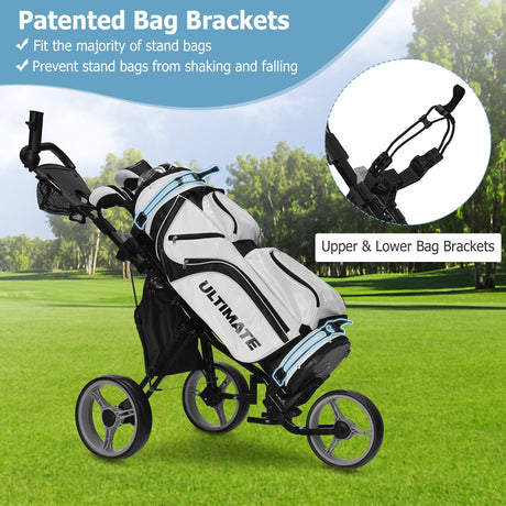 Carro de golf plegable de 3 ruedas con asiento, marcador y manija ajustable