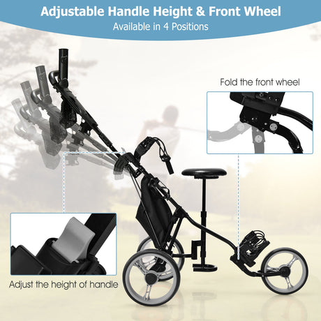 Carro de golf plegable de 3 ruedas con asiento, marcador y manija ajustable