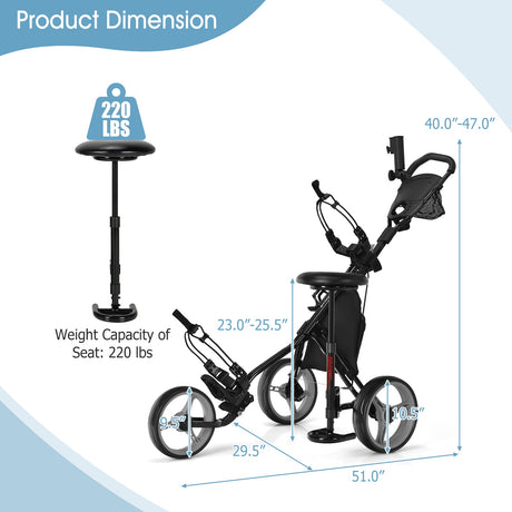 Carro de golf plegable de 3 ruedas con asiento, marcador y manija ajustable