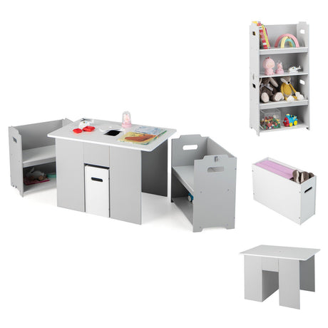 Mesa y sillas 4 en 1 para niños con múltiples espacios de almacenamiento para el aprendizaje - Gris