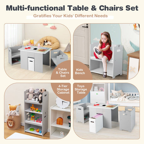 Mesa y sillas 4 en 1 para niños con múltiples espacios de almacenamiento para el aprendizaje - Gris
