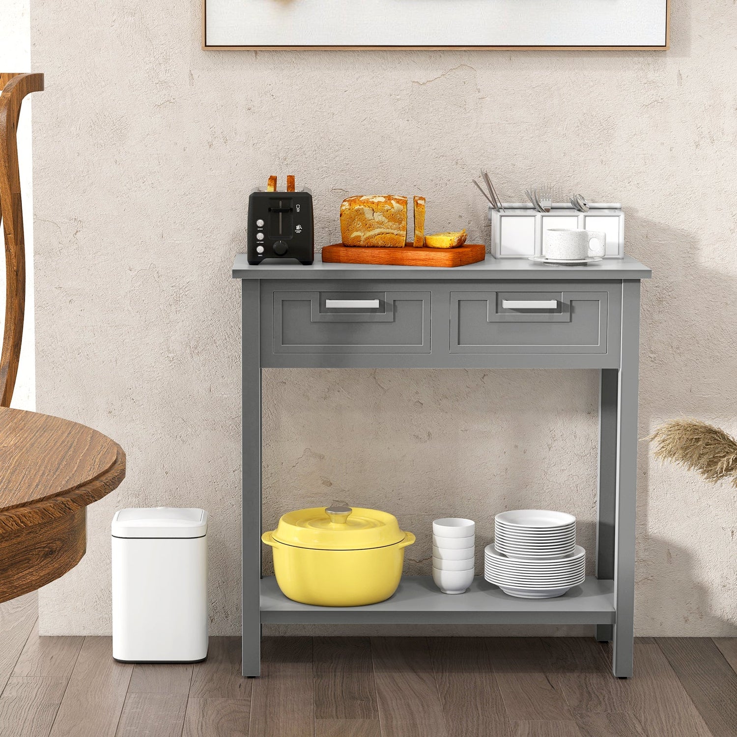 Mesa consola estrecha con cajones y estante de almacenamiento abierto