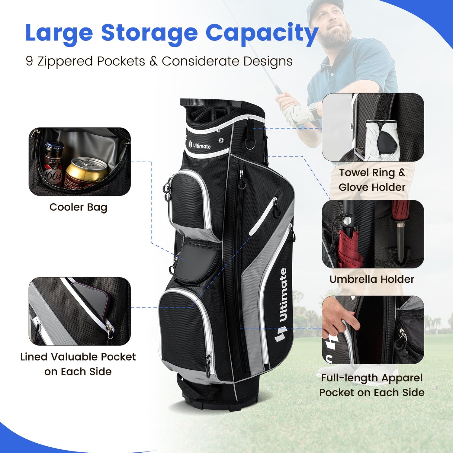 Golf Cart Bag with 14 Way Top Dividers