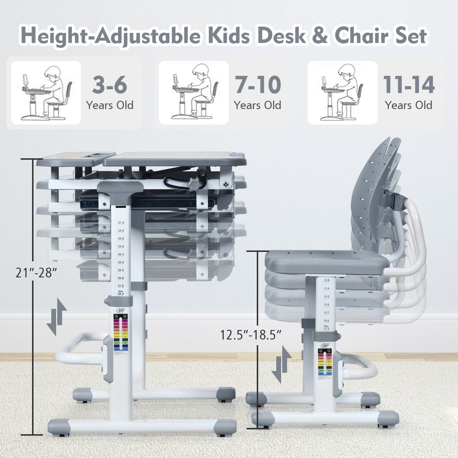 Juego de escritorio y silla de estudio para niños con altura ajustable