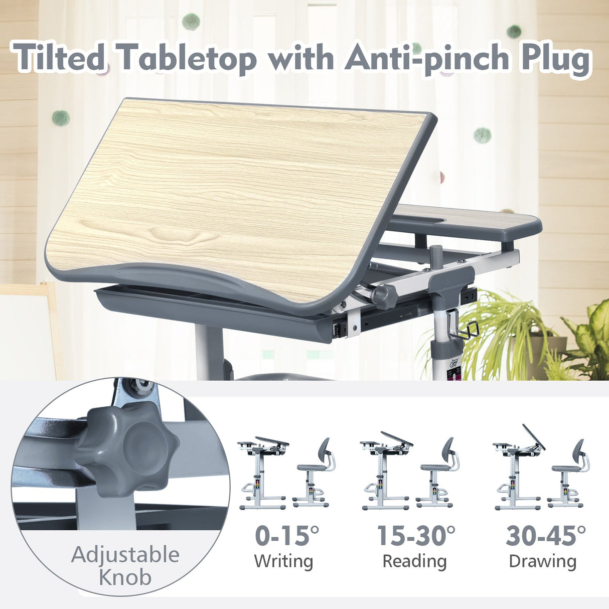 Juego de escritorio y silla de estudio para niños con altura ajustable