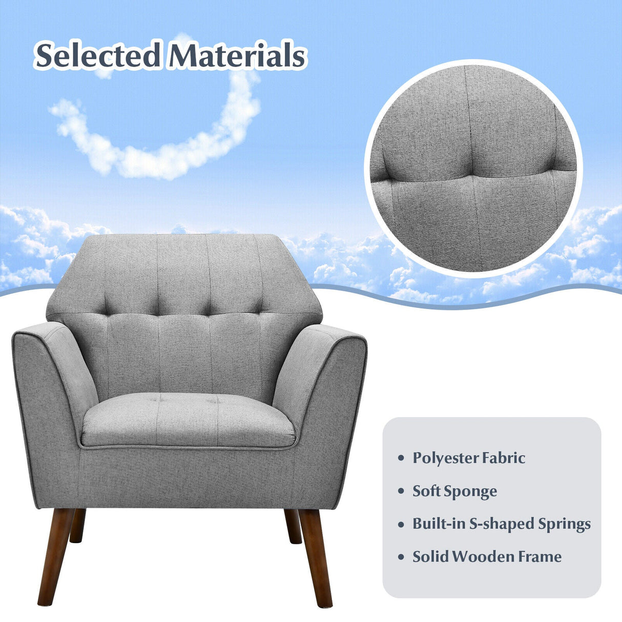 Modern Tufted Fabric Accent Chair with Rubber Wood Legs