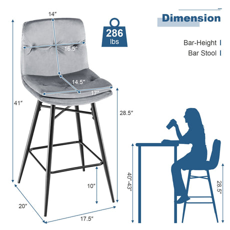 Set de 2 taburetes de bar de terciopelo de 29 pulgadas con respaldo capitoné y reposapiés