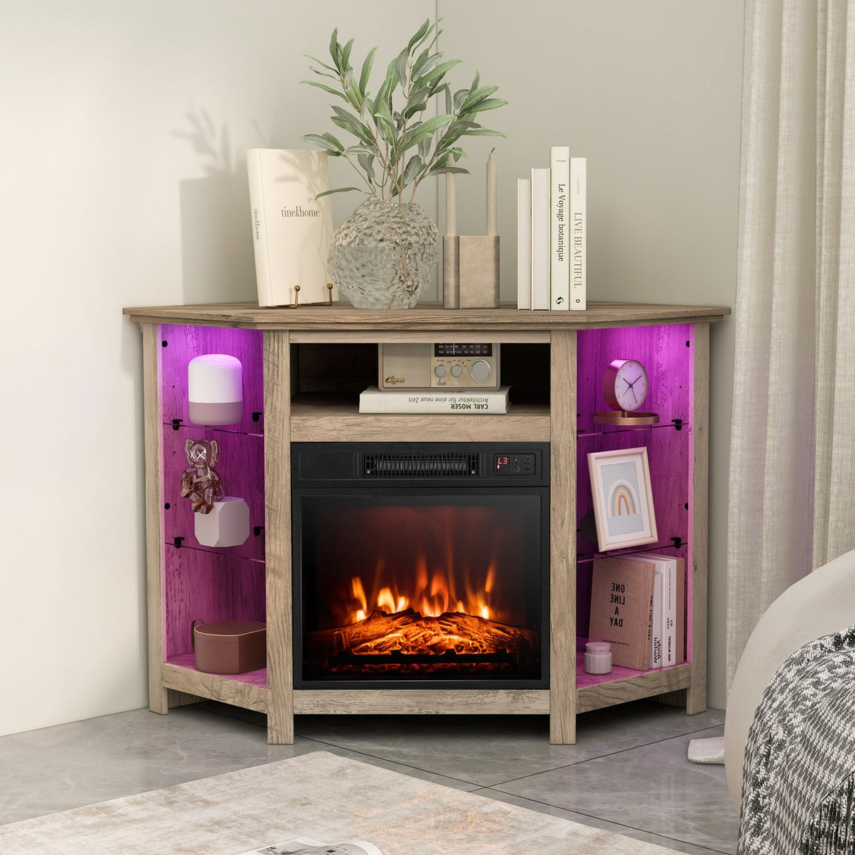 Mueble para TV de esquina con chimenea, luces LED y control por aplicación inteligente para televisores de 50 pulgadas