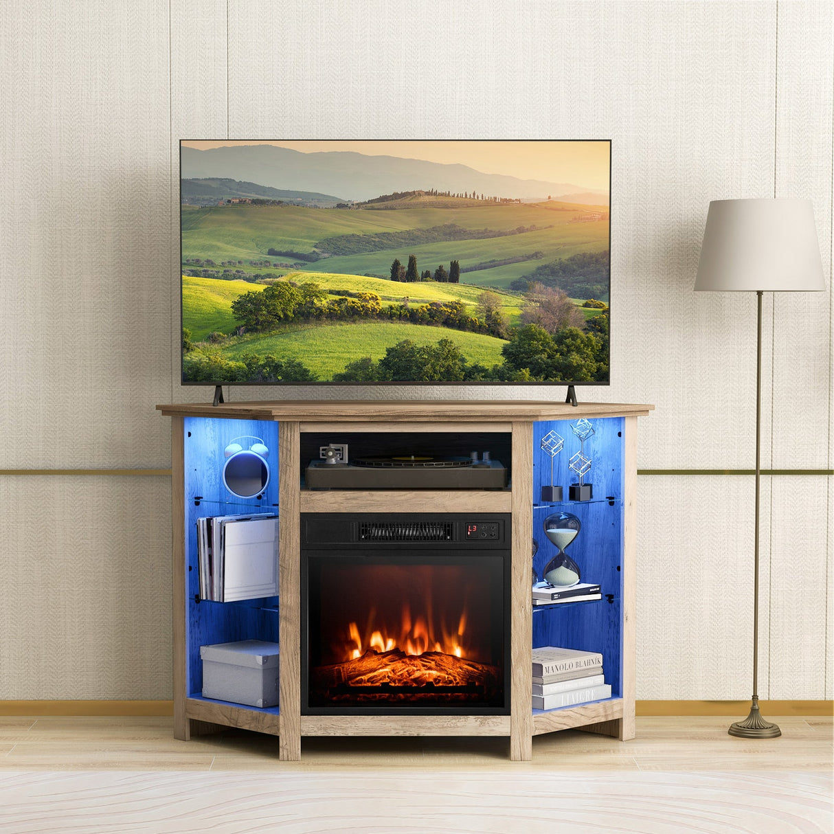 Mueble para TV de esquina con chimenea, luces LED y control por aplicación inteligente para televisores de 50 pulgadas