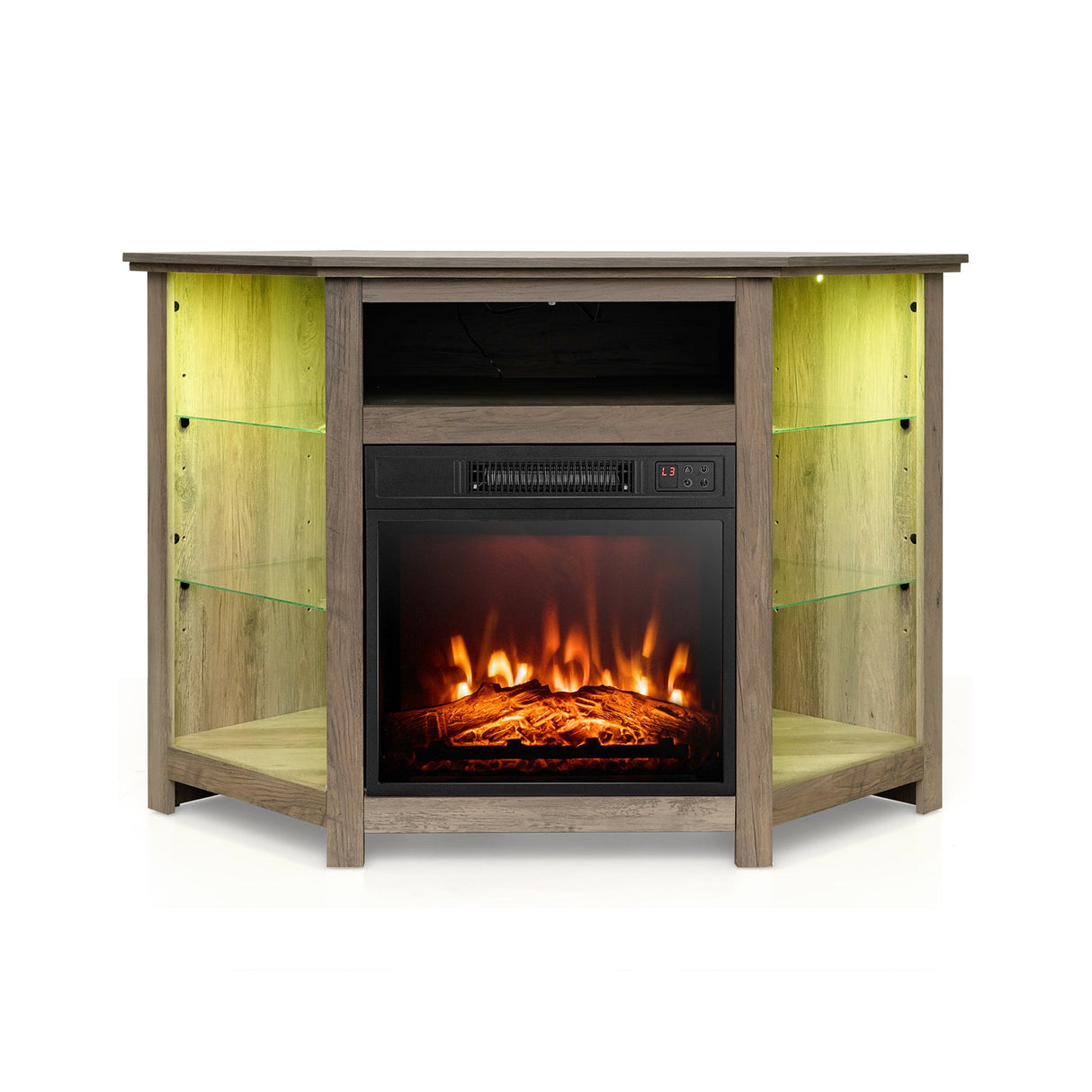 Mueble para TV de esquina con chimenea, luces LED y control por aplicación inteligente para televisores de 50 pulgadas
