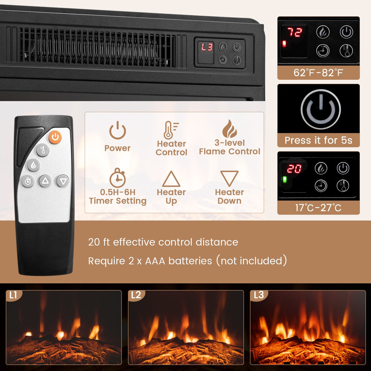 Mueble para TV de esquina con chimenea, luces LED y control por aplicación inteligente para televisores de 50 pulgadas