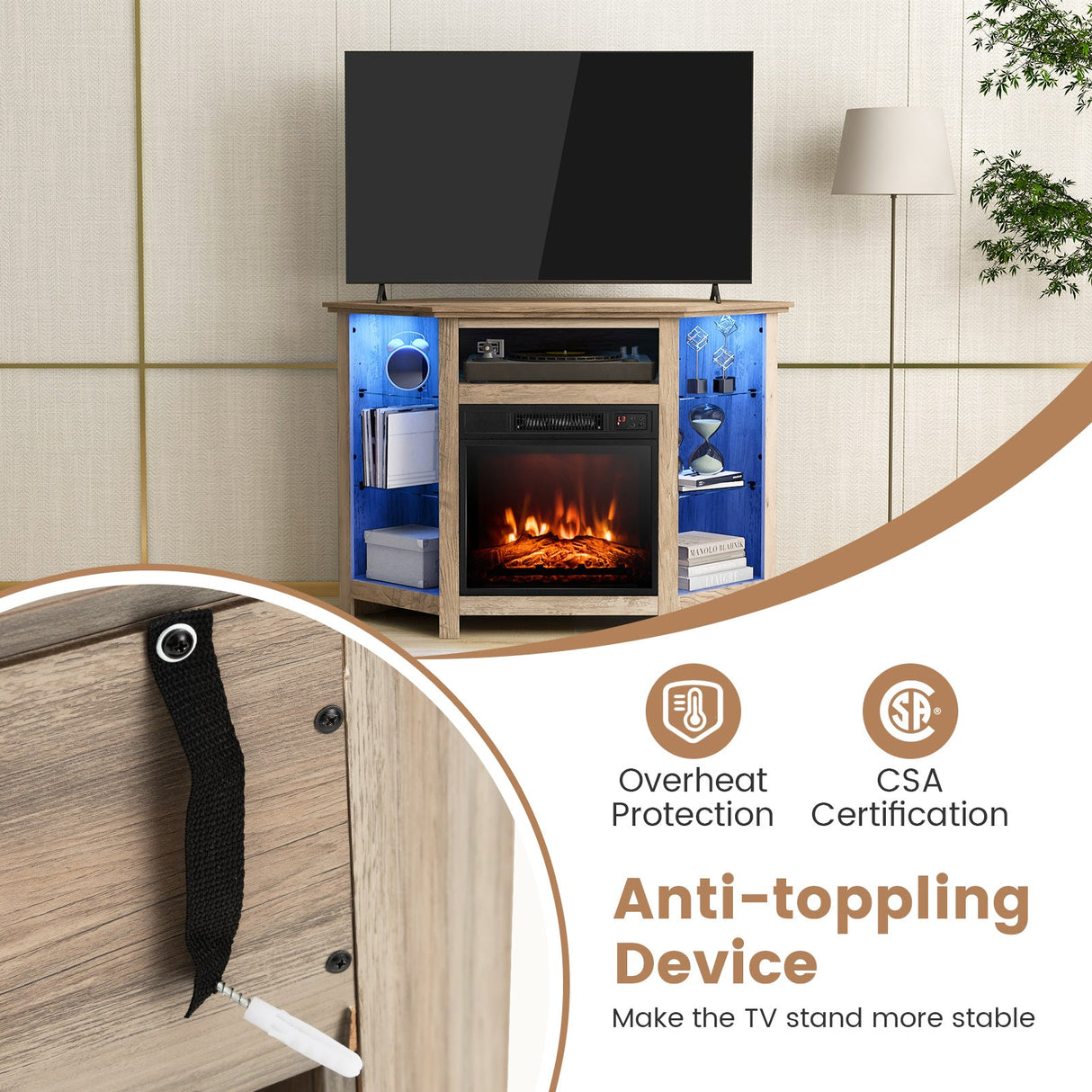 Mueble para TV de esquina con chimenea, luces LED y control por aplicación inteligente para televisores de 50 pulgadas