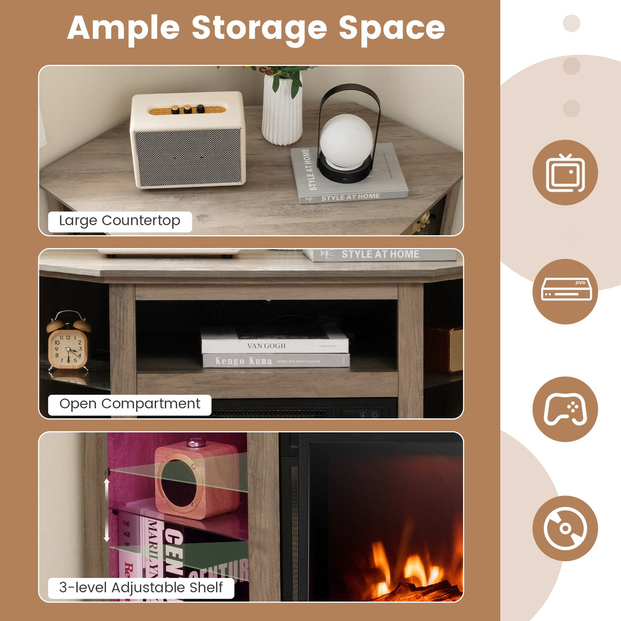 Mueble para TV de esquina con chimenea, luces LED y control por aplicación inteligente para televisores de 50 pulgadas