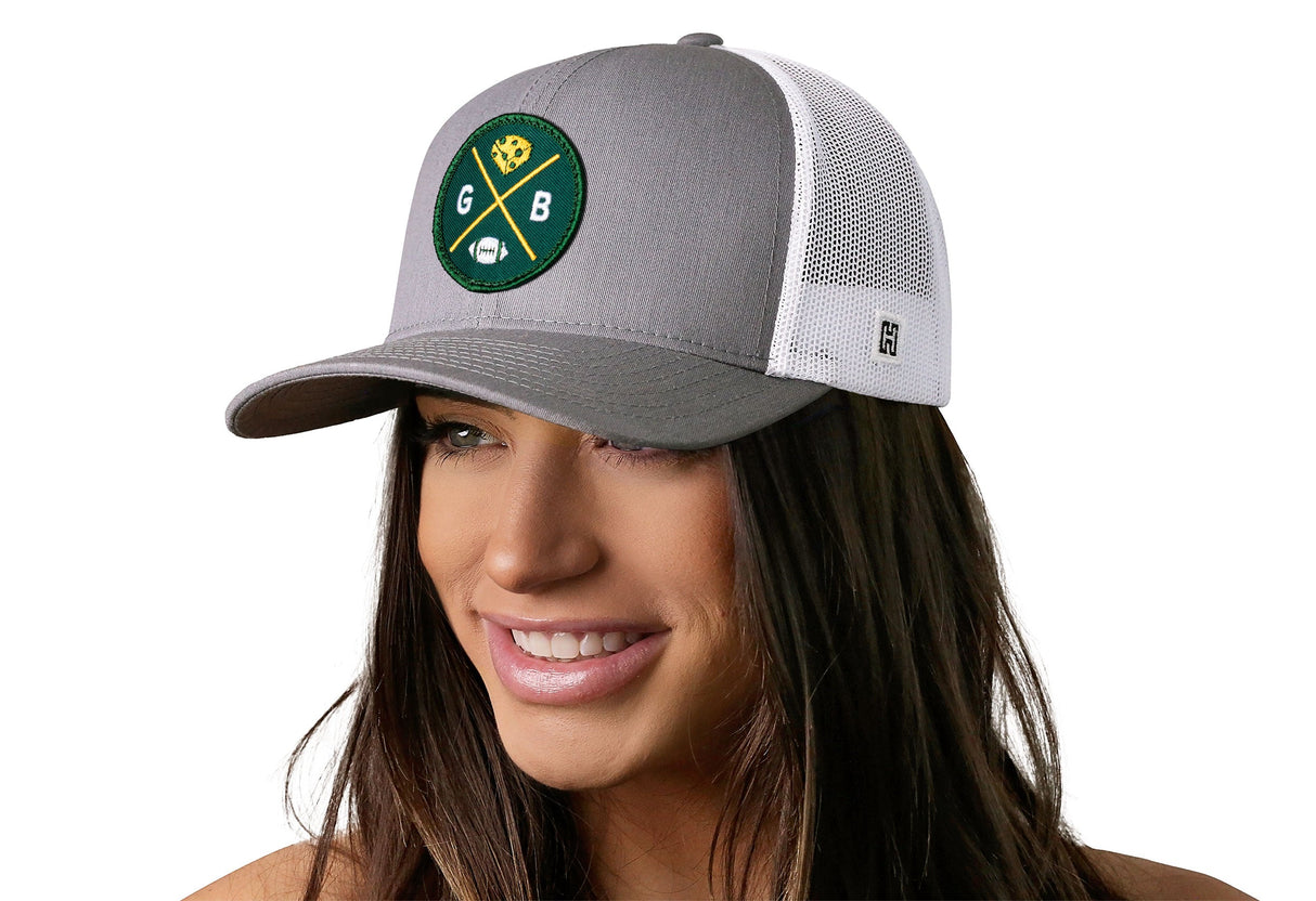 Green Bay Trucker Hat  |  Gray-White GB Cheese X Football Snapback