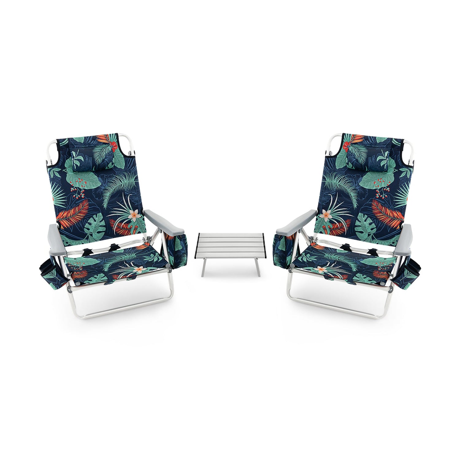 2 Packs 5-Position Outdoor Folding Backpack Beach Table Chair Reclining Chair Set