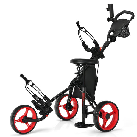 Carro de golf plegable de 3 ruedas con asiento, marcador y manija ajustable