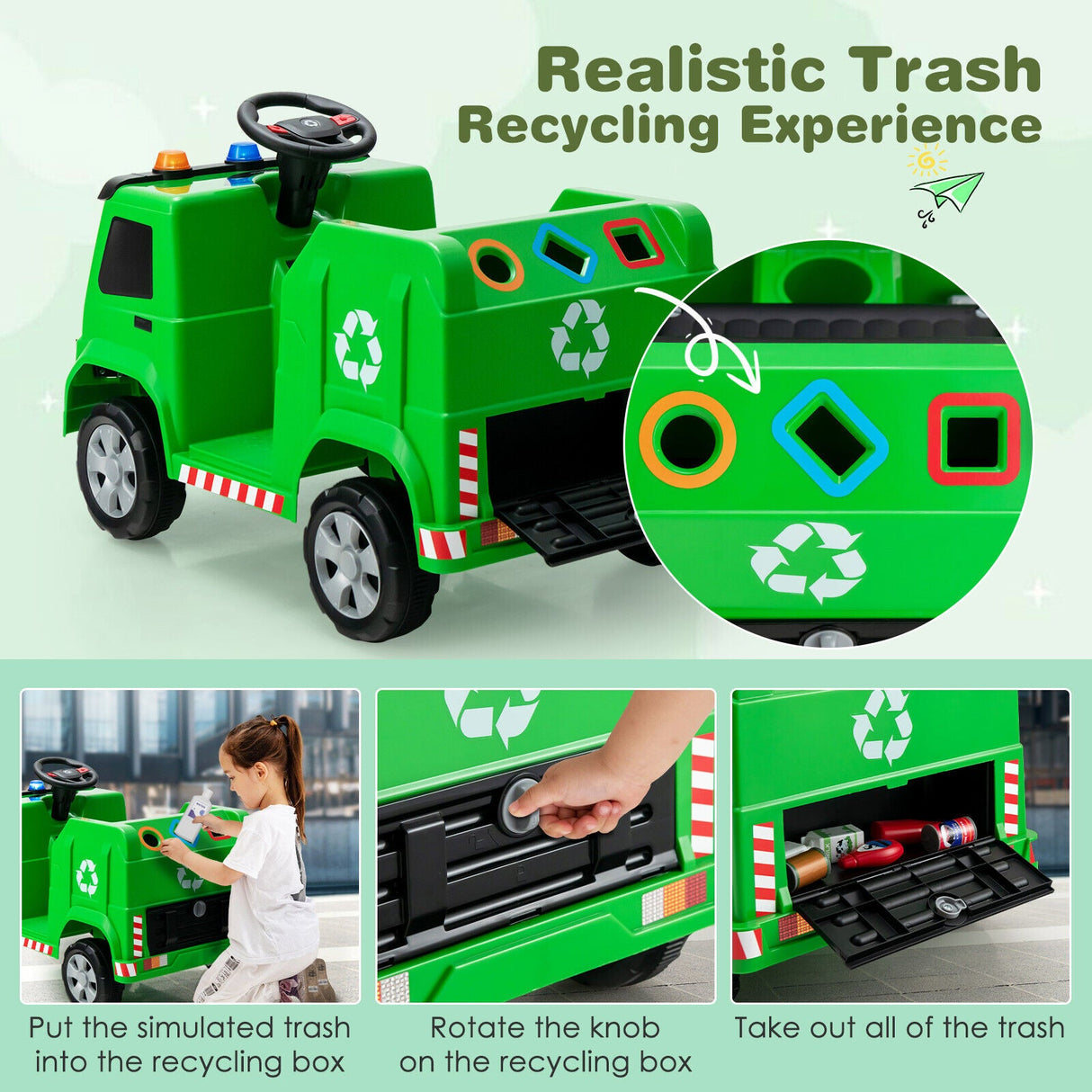 Camión de basura para niños de 12 V con luces de advertencia y 6 accesorios de reciclaje