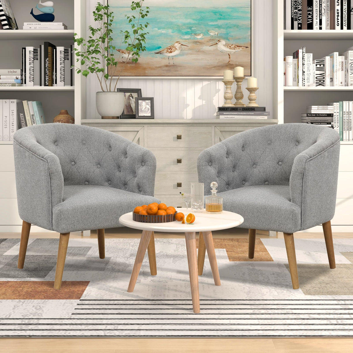 Sillón tapizado con patas de madera de caucho maciza y almohadillas ajustables para las patas para sala de estar - Gris