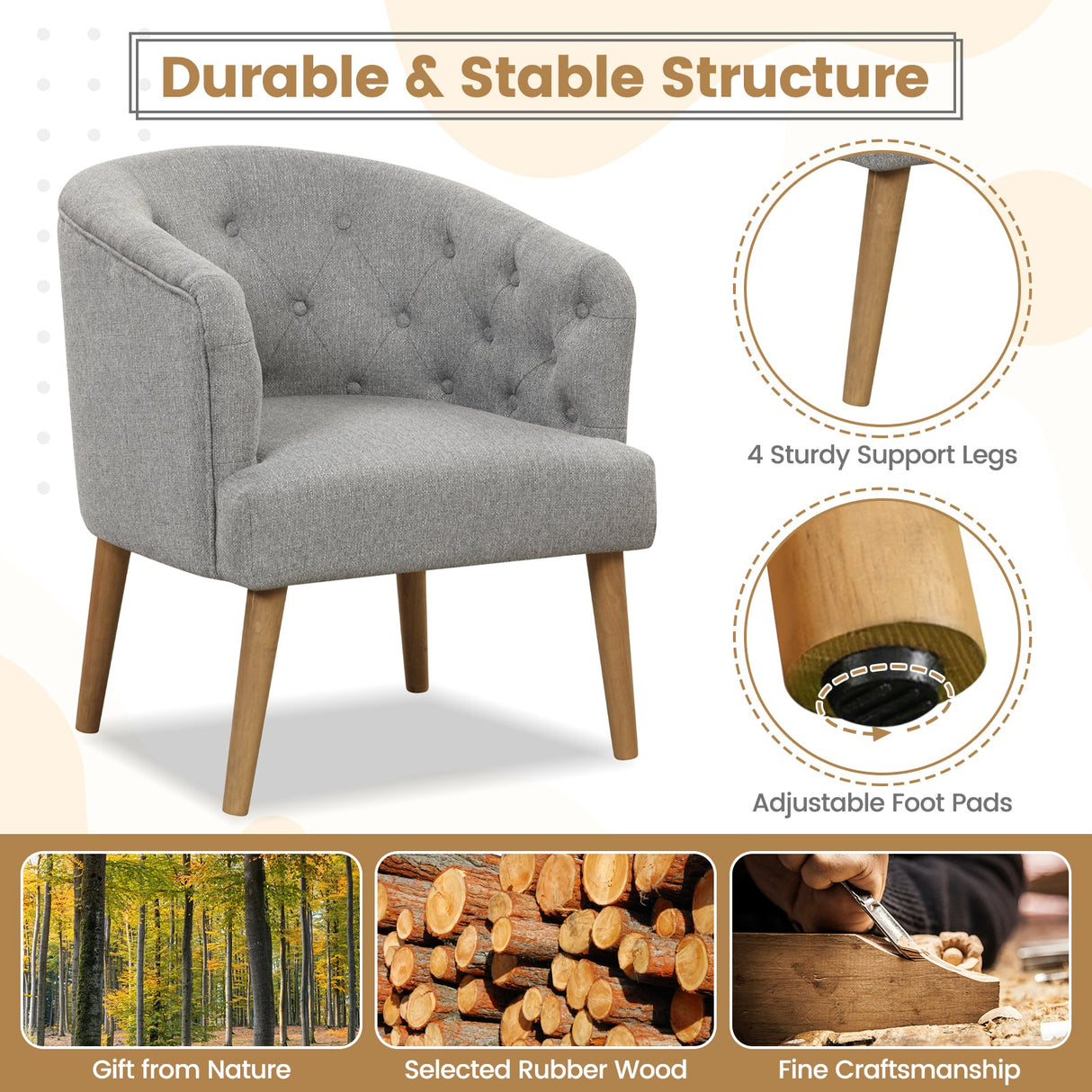 Sillón tapizado con patas de madera de caucho maciza y almohadillas ajustables para las patas para sala de estar - Gris