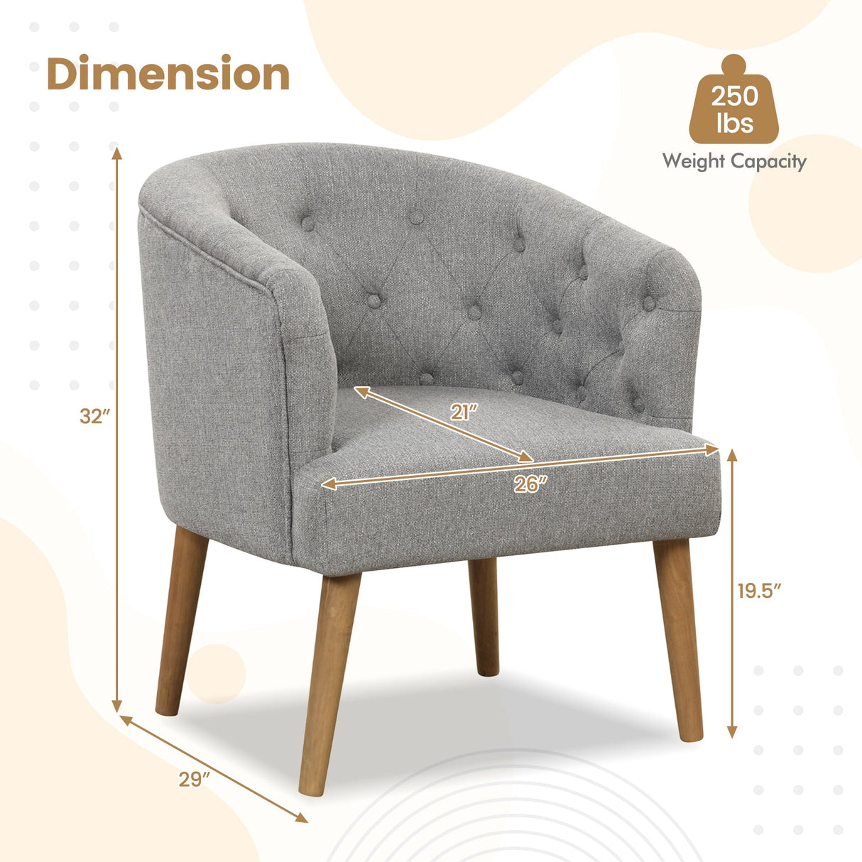 Sillón tapizado con patas de madera de caucho maciza y almohadillas ajustables para las patas para sala de estar - Gris