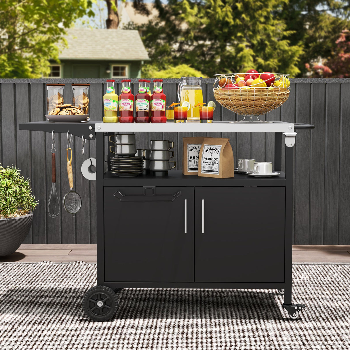 Carro de parrilla exterior con almacenamiento y tapa plegable de acero inoxidable - Negro