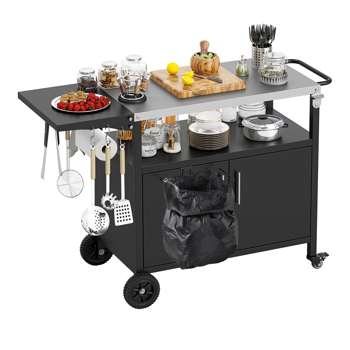 Carro de parrilla exterior con almacenamiento y tapa plegable de acero inoxidable - Negro