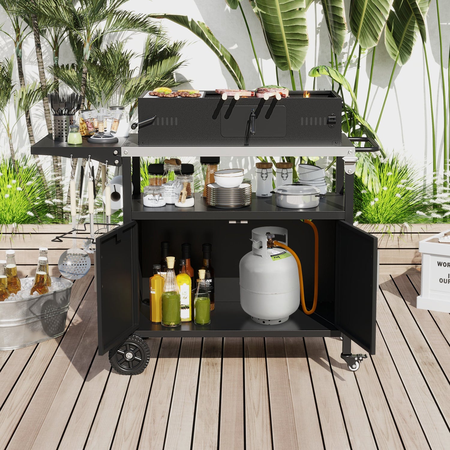 Carro de parrilla exterior con almacenamiento y tapa plegable de acero inoxidable - Negro