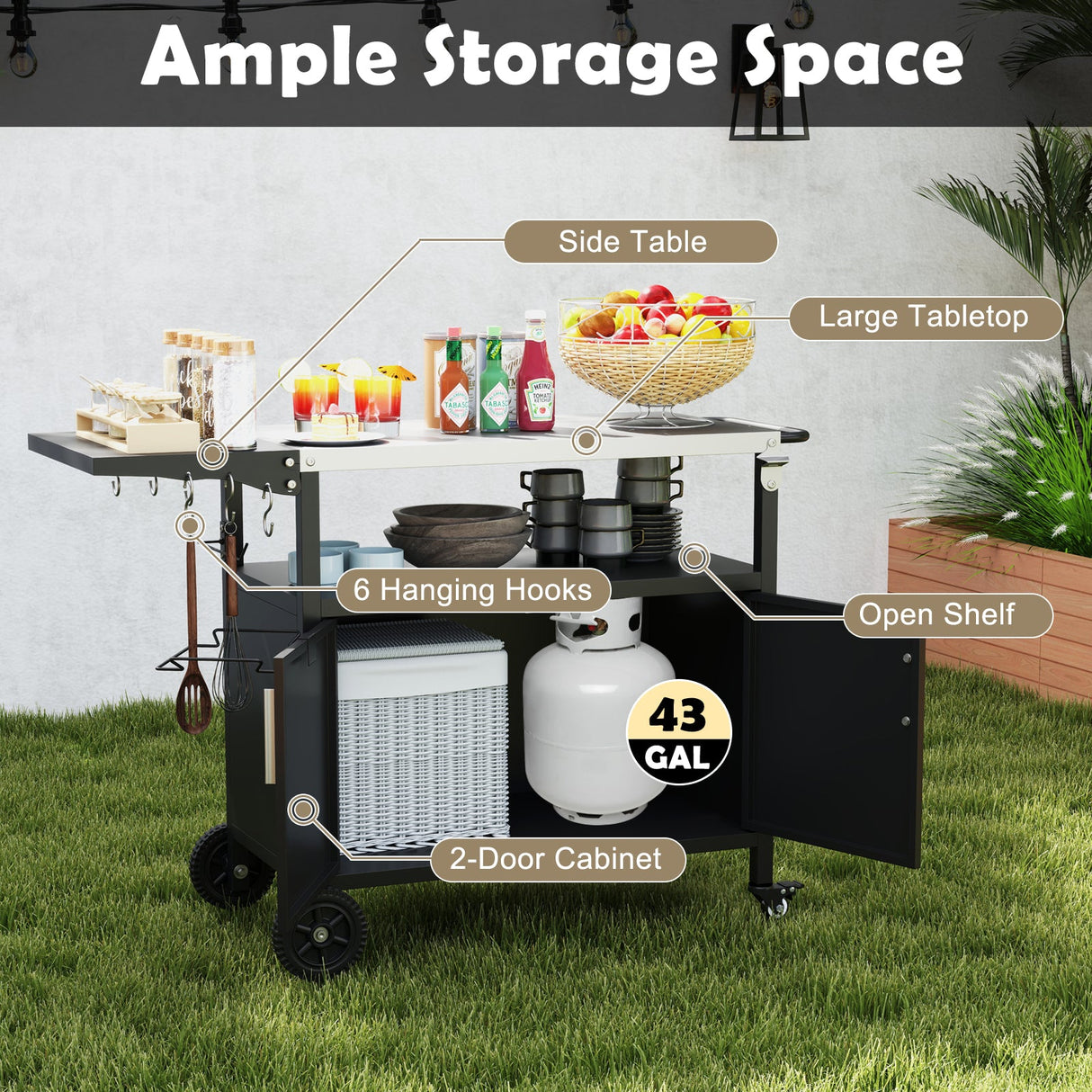 Carro de parrilla exterior con almacenamiento y tapa plegable de acero inoxidable - Negro