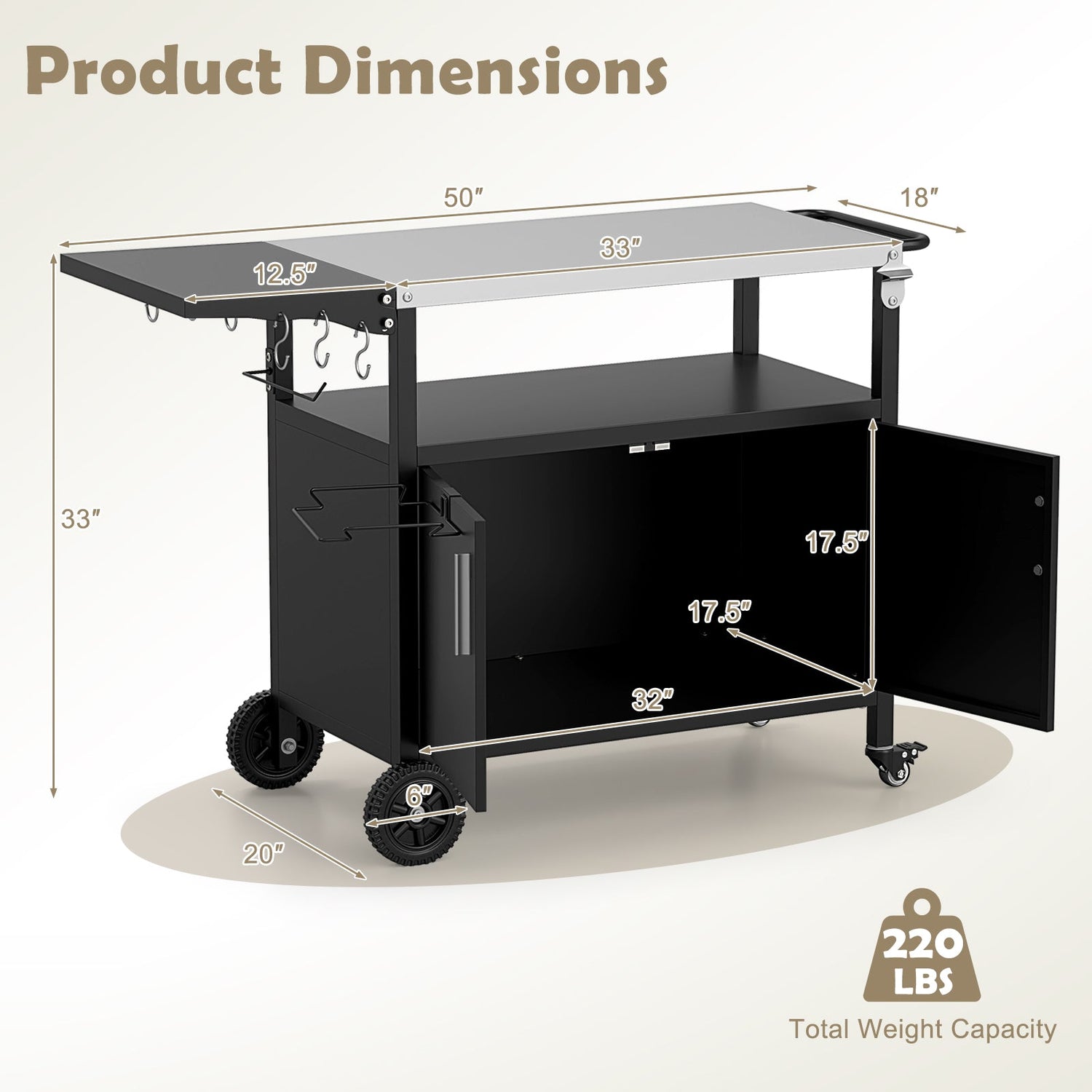 Carro de parrilla exterior con almacenamiento y tapa plegable de acero inoxidable - Negro