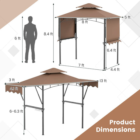 Cenador para parrilla de 13 x 5 pies con toldos laterales dobles y 2 estantes con sombra ajustable