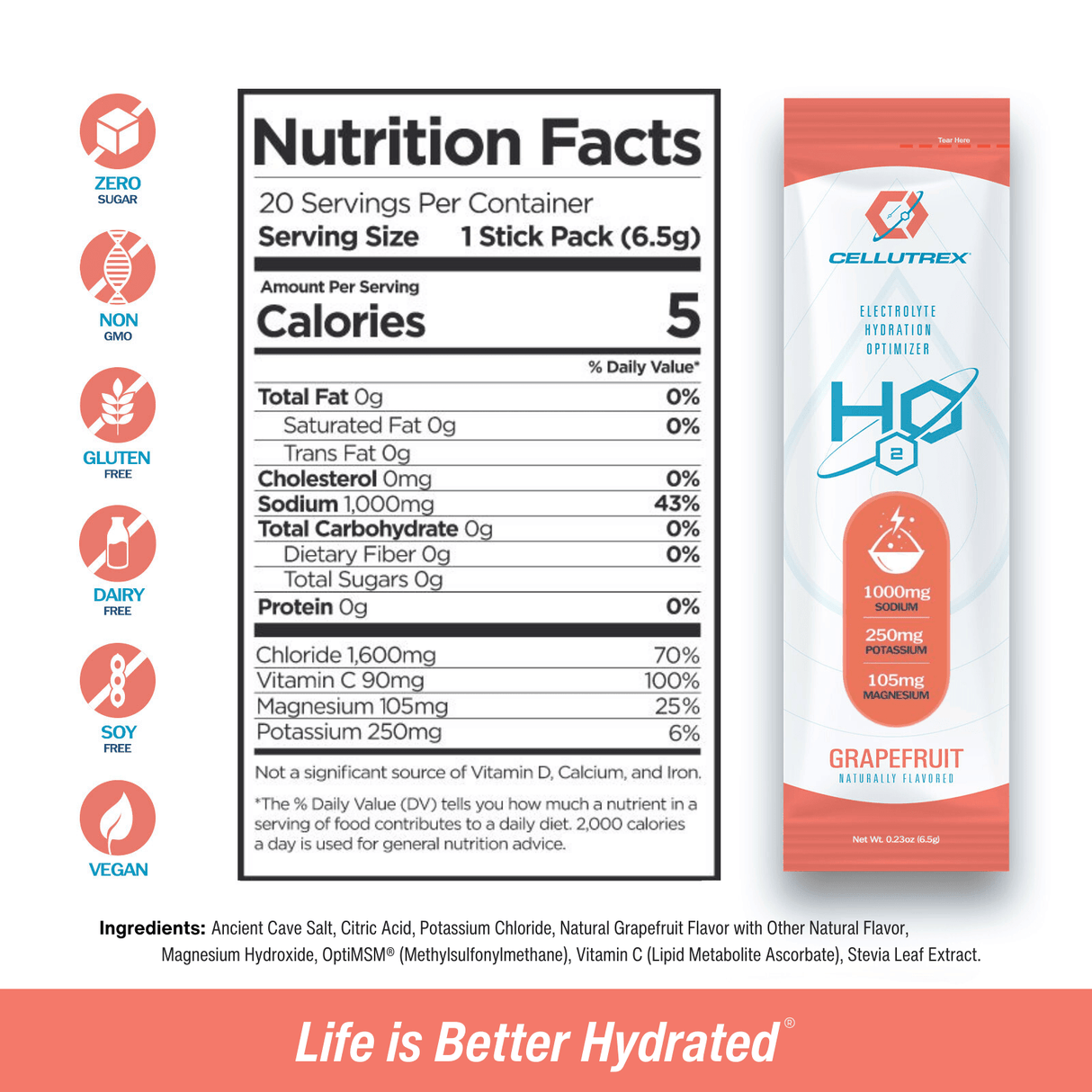 H2O ELECTROLYTES™ - Pomelo | Polvo de electrolitos sin azúcar