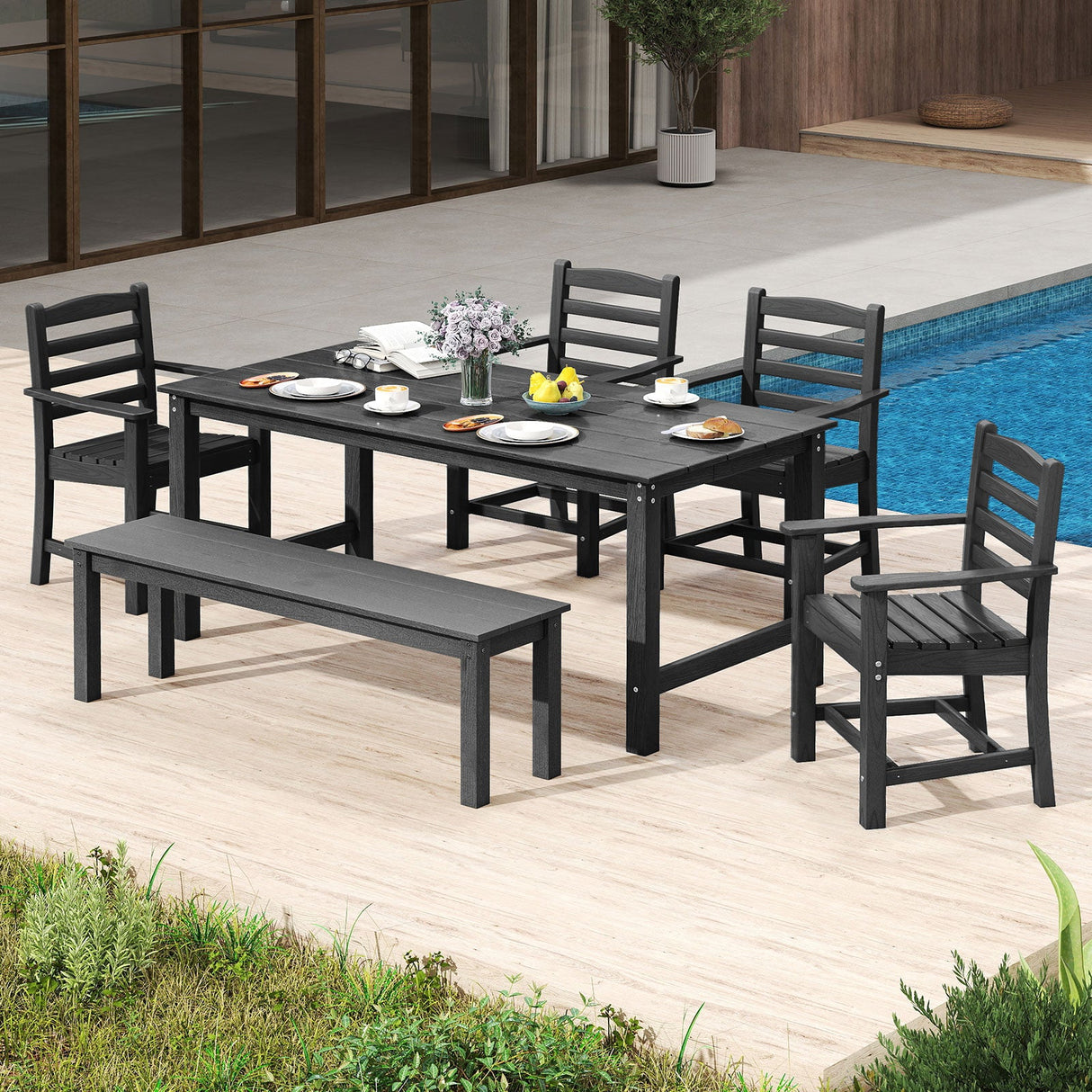 Juego de 2 sillas de comedor de patio HDPE para todo clima con apoyabrazos anchos