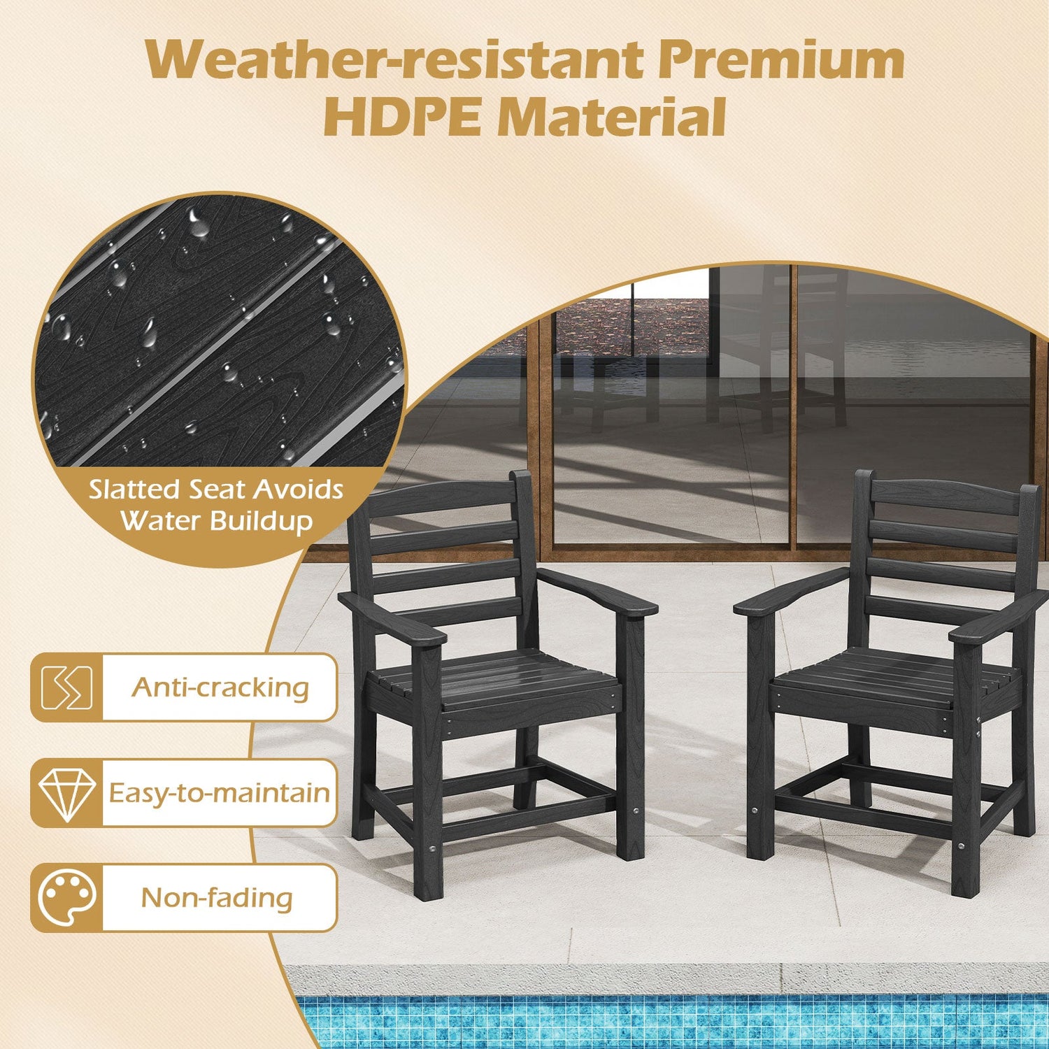 Juego de 2 sillas de comedor de patio HDPE para todo clima con apoyabrazos anchos