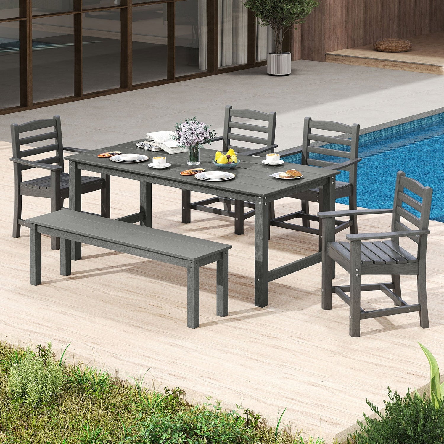 Juego de 2 sillas de comedor de patio HDPE para todo clima con apoyabrazos anchos