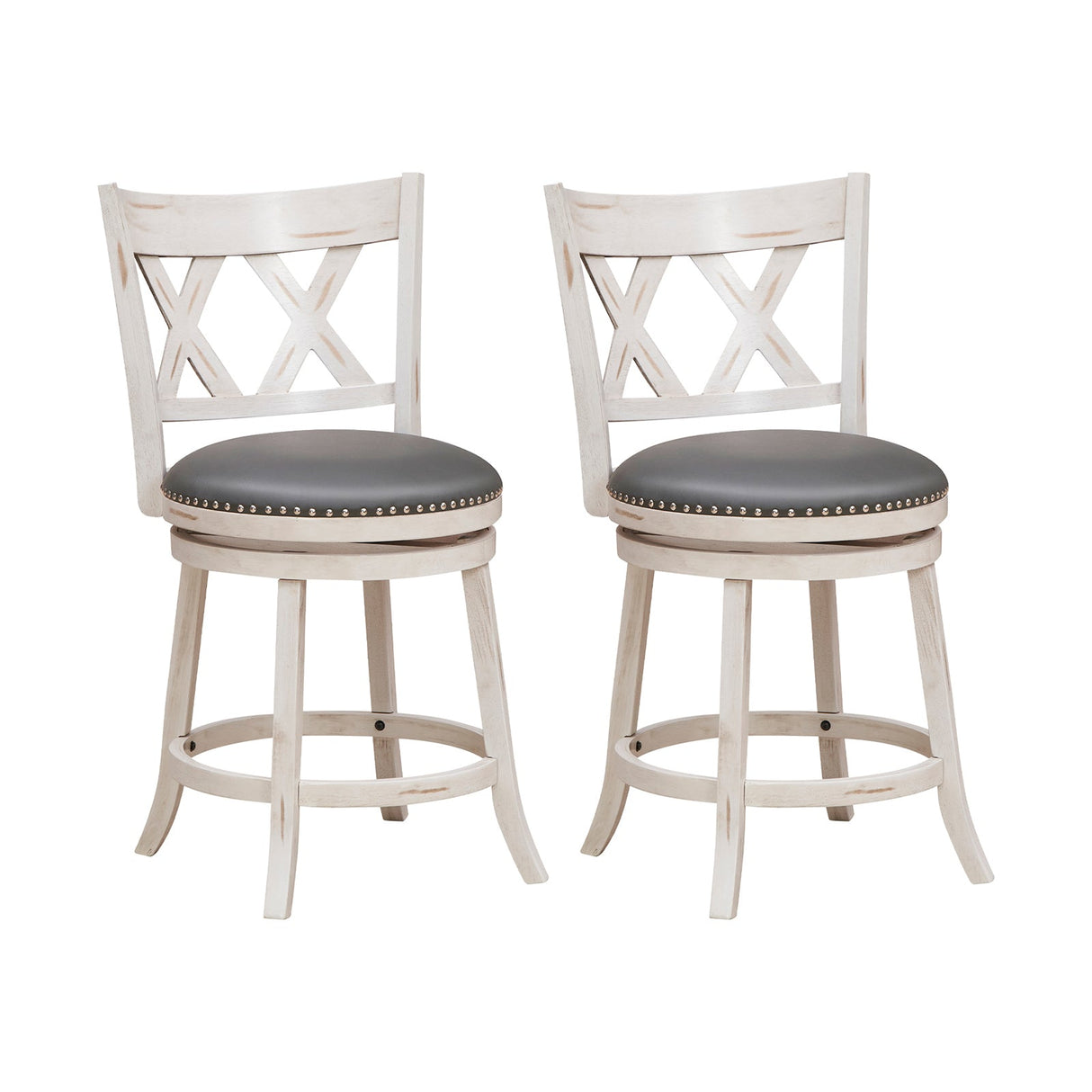 Juego de 2 taburetes de 25.5 pulgadas, patinados a mano, con asiento acolchado más ancho - Blanco