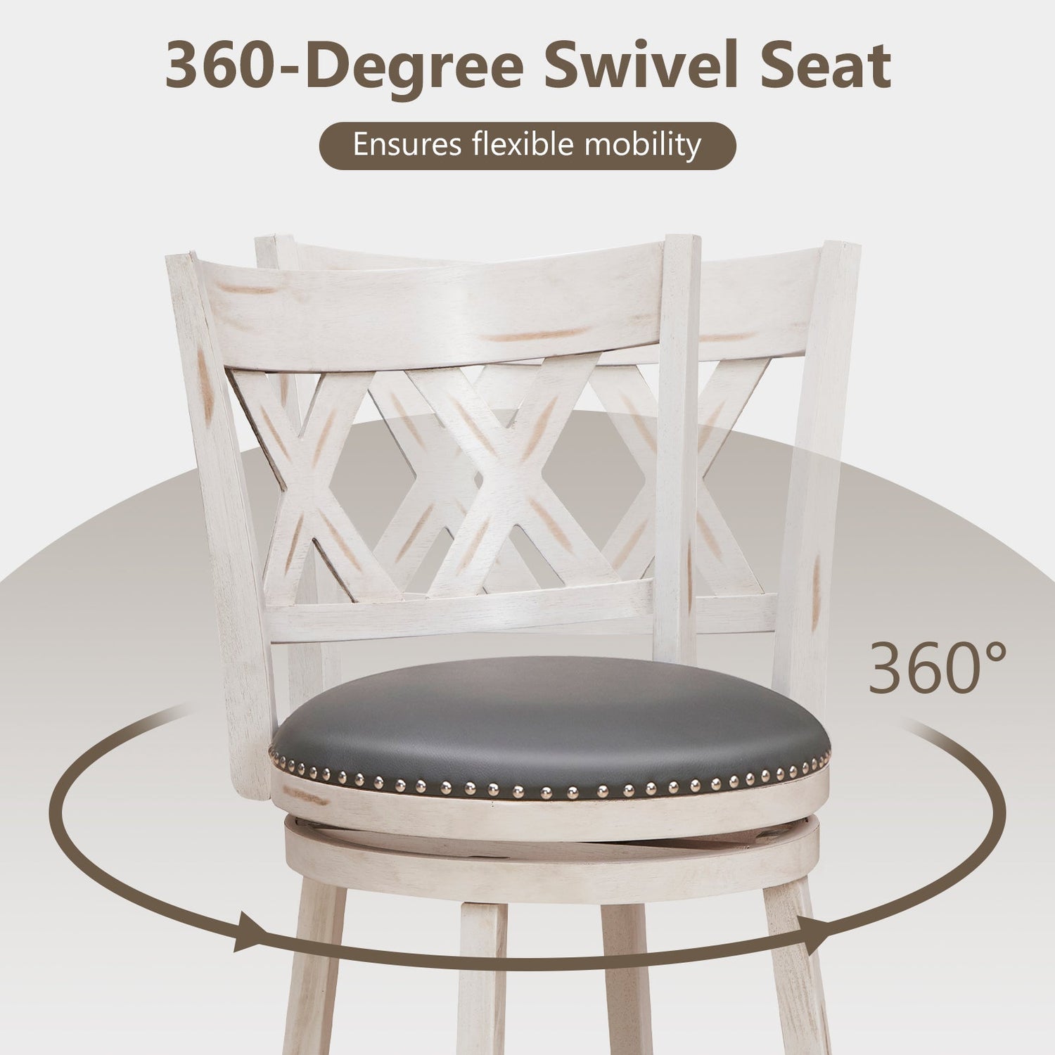 Juego de 2 taburetes de 25.5 pulgadas, patinados a mano, con asiento acolchado más ancho - Blanco