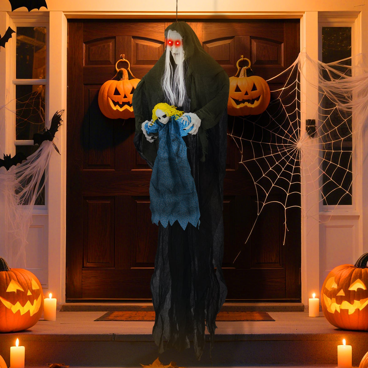 Decoración Colgante de Halloween Bruja con Niña Fantasma Sonido Activado y Sonidos Espeluznantes