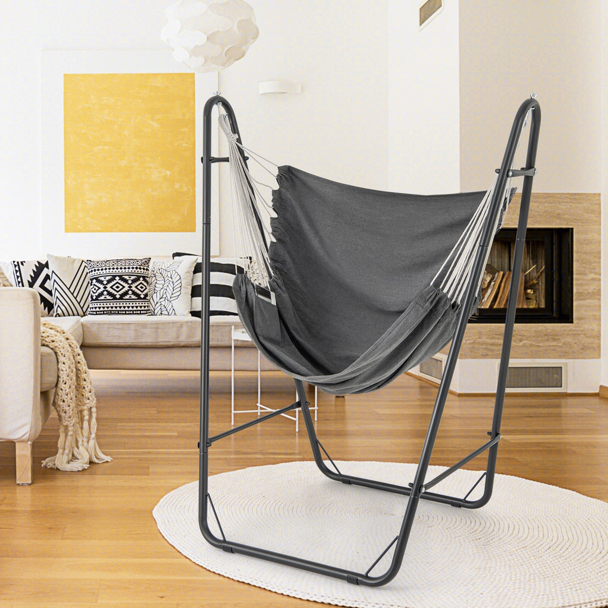Sillón Colgante con Estructura Metálica Reforzada y Bolsillo Lateral - Gris