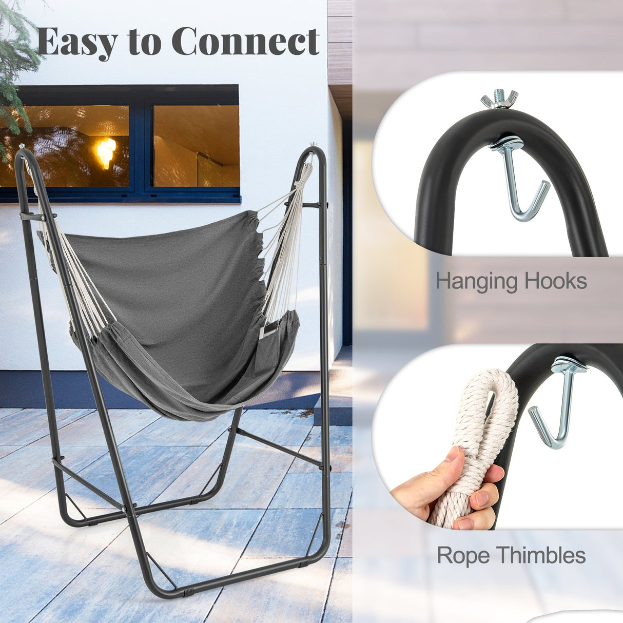 Sillón Colgante con Estructura Metálica Reforzada y Bolsillo Lateral - Gris