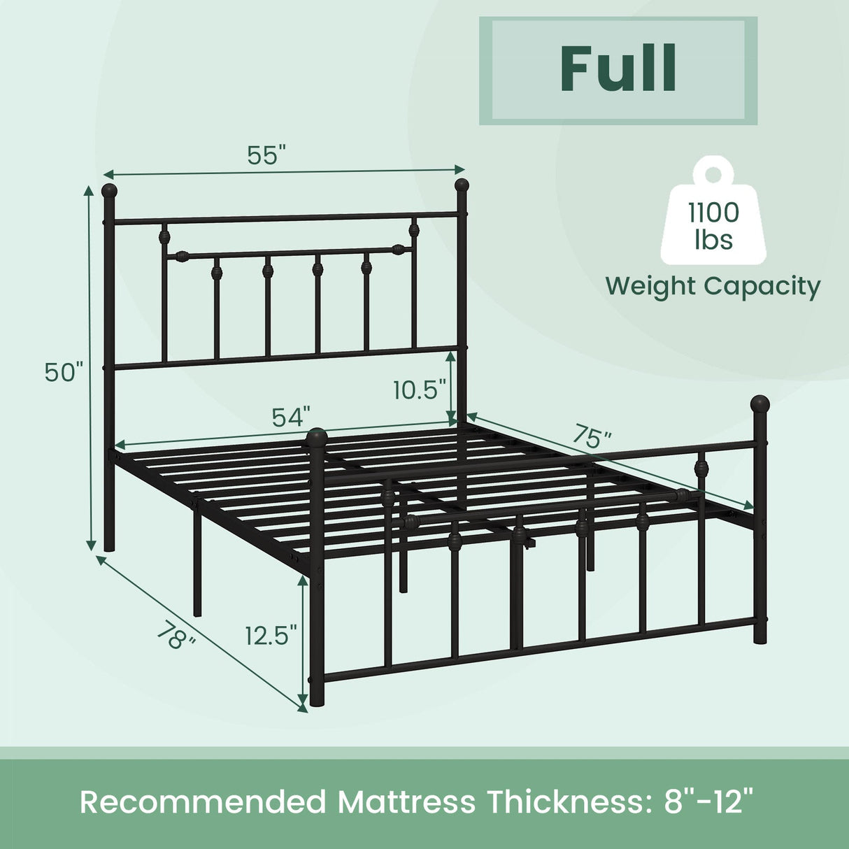 Base de cama de metal de alta resistencia con cabecero, tamaño matrimonial/queen/individual
