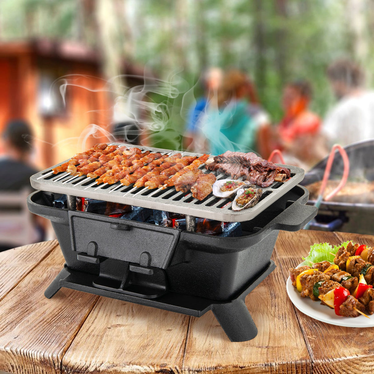 Parrilla Hibachi 100% Hierro Fundido con Levantador de Rejilla