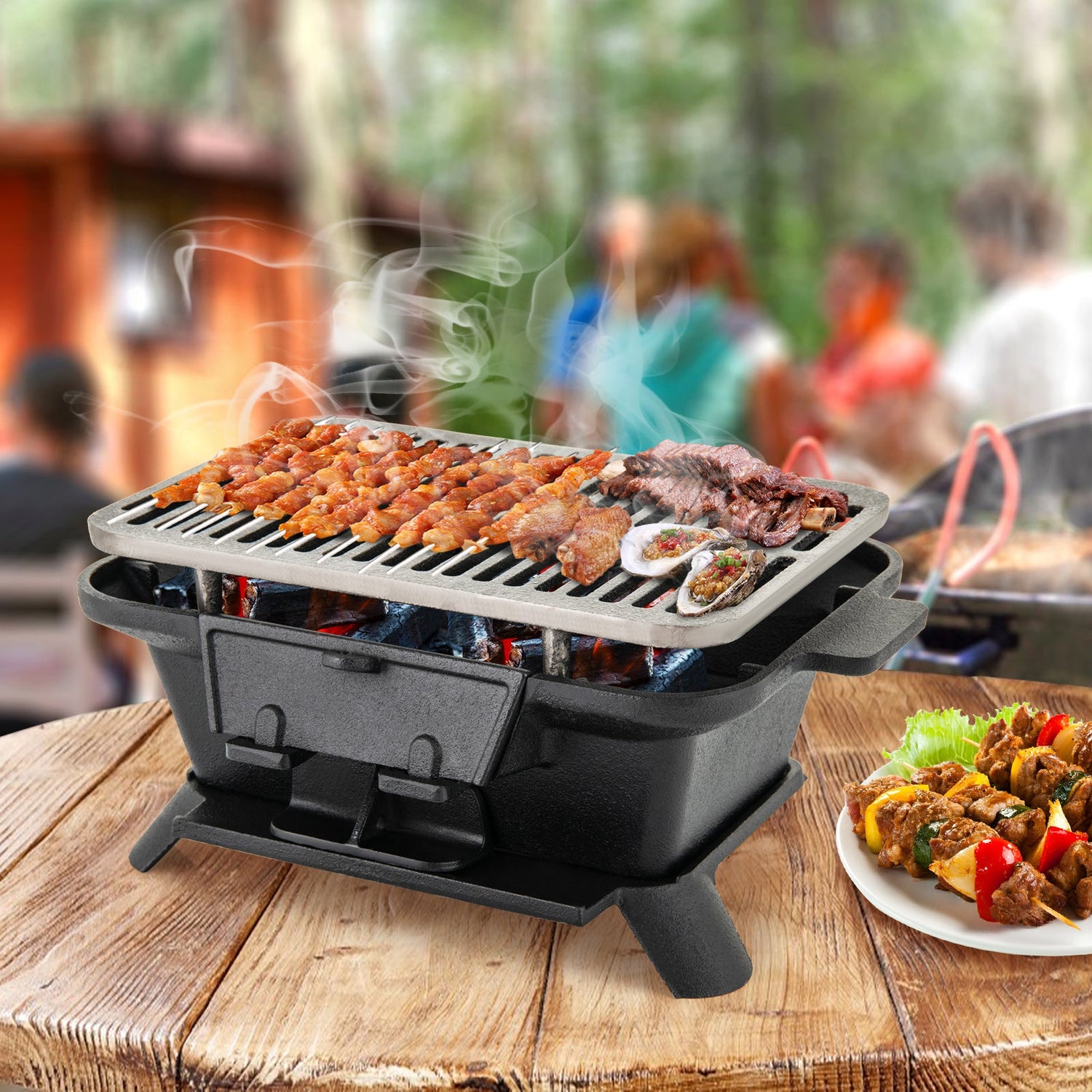 Parrilla Hibachi 100% Hierro Fundido con Levantador de Rejilla