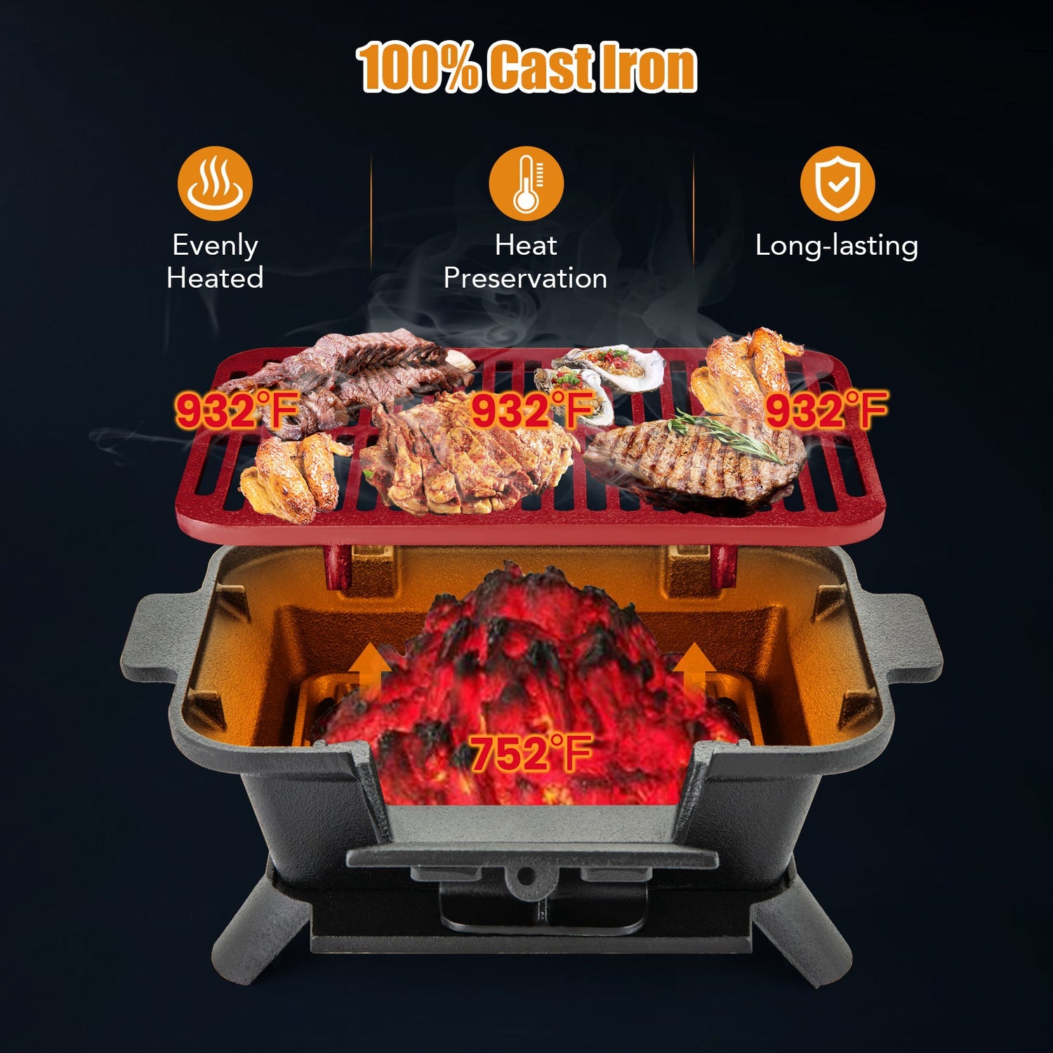 Parrilla Hibachi 100% Hierro Fundido con Levantador de Rejilla