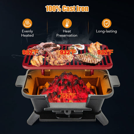Parrilla Hibachi 100% Hierro Fundido con Levantador de Rejilla