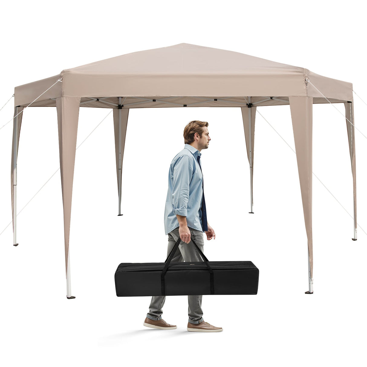 Carpa Hexagonal Plegable de 13 x 11.5 pies, Altura Ajustable, con Patas Vestidas - Caqui
